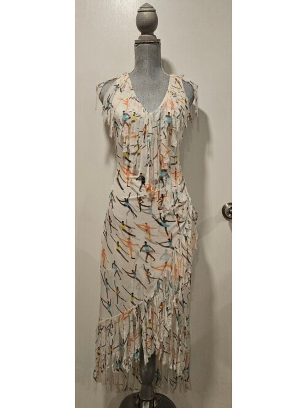 Sheri Bodell Size 4 White Ballerina Print Faux Wrap Dress Fringe Hem